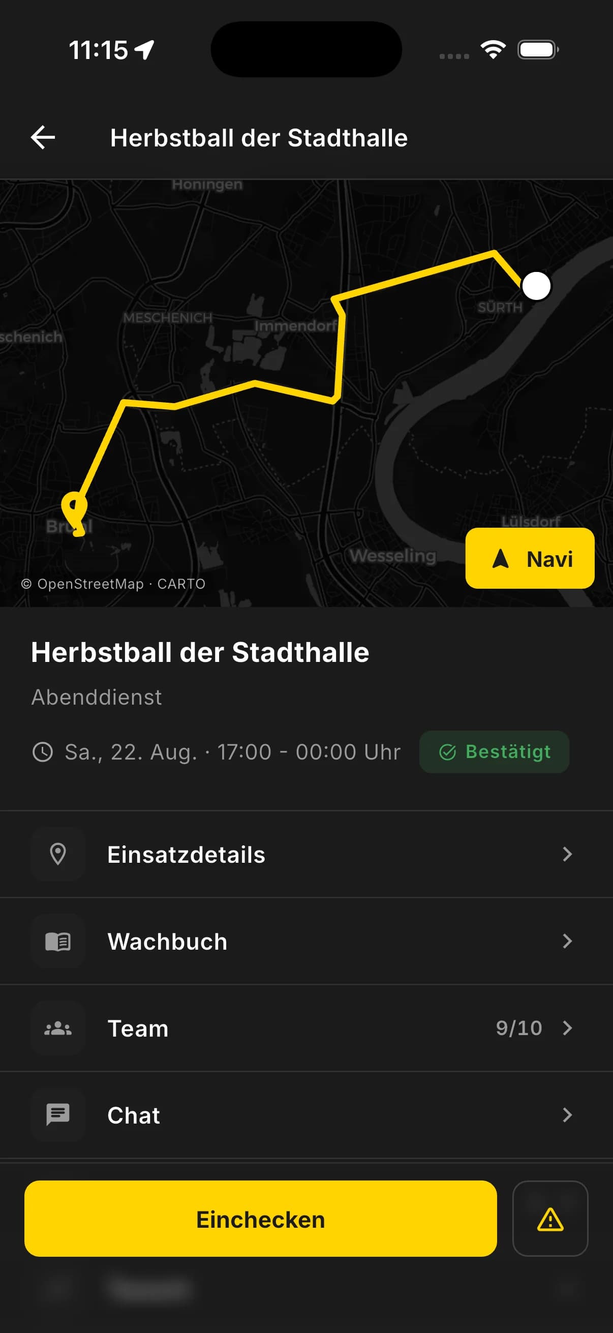Screenshot der Dienst-Details mit Check-in in der RESCURA Mobile-App