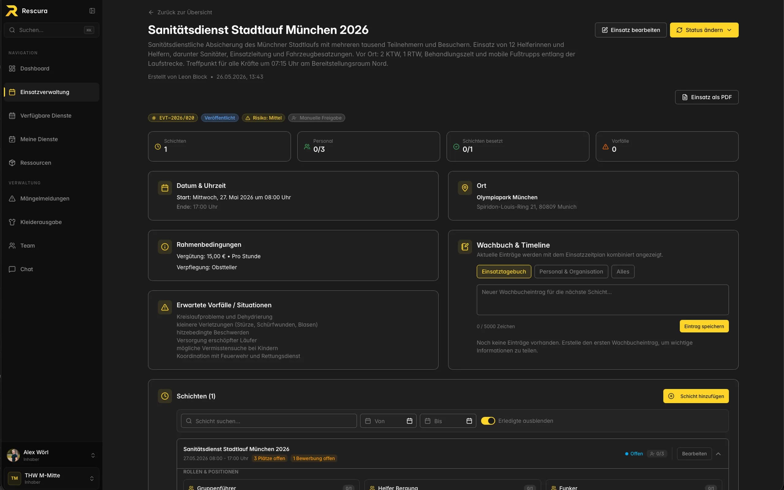 Screenshot der Dienst- und Einsatzplanung in der RESCURA Web-App